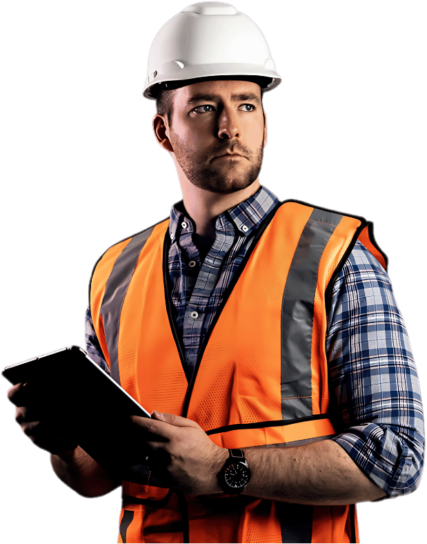 Profissional de segurança do trabalho com equipamentos de proteção em ambiente industrial